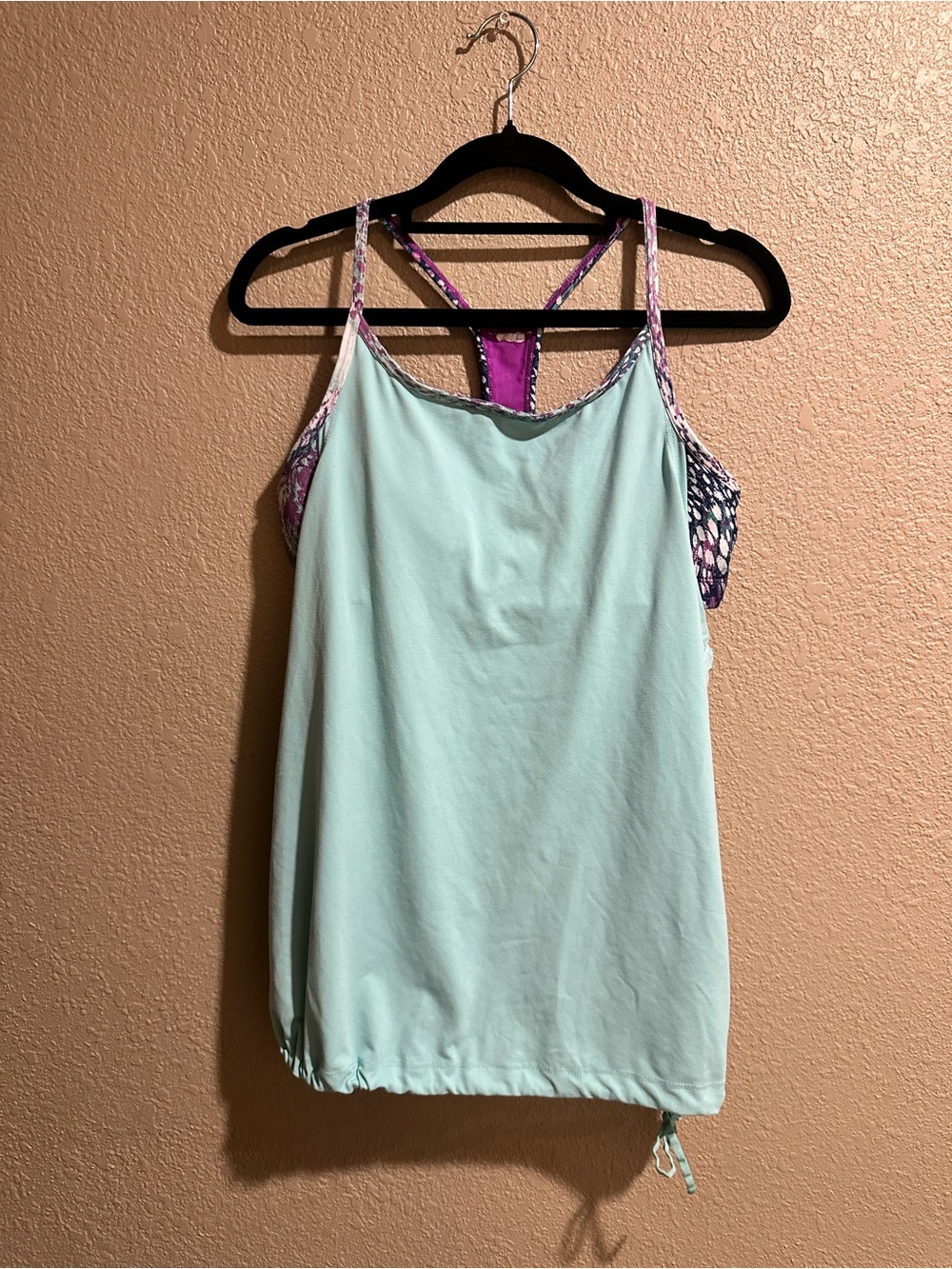 Fabletics Mint Green Racerback Tank with Purple Pattern Built in Sports Bra